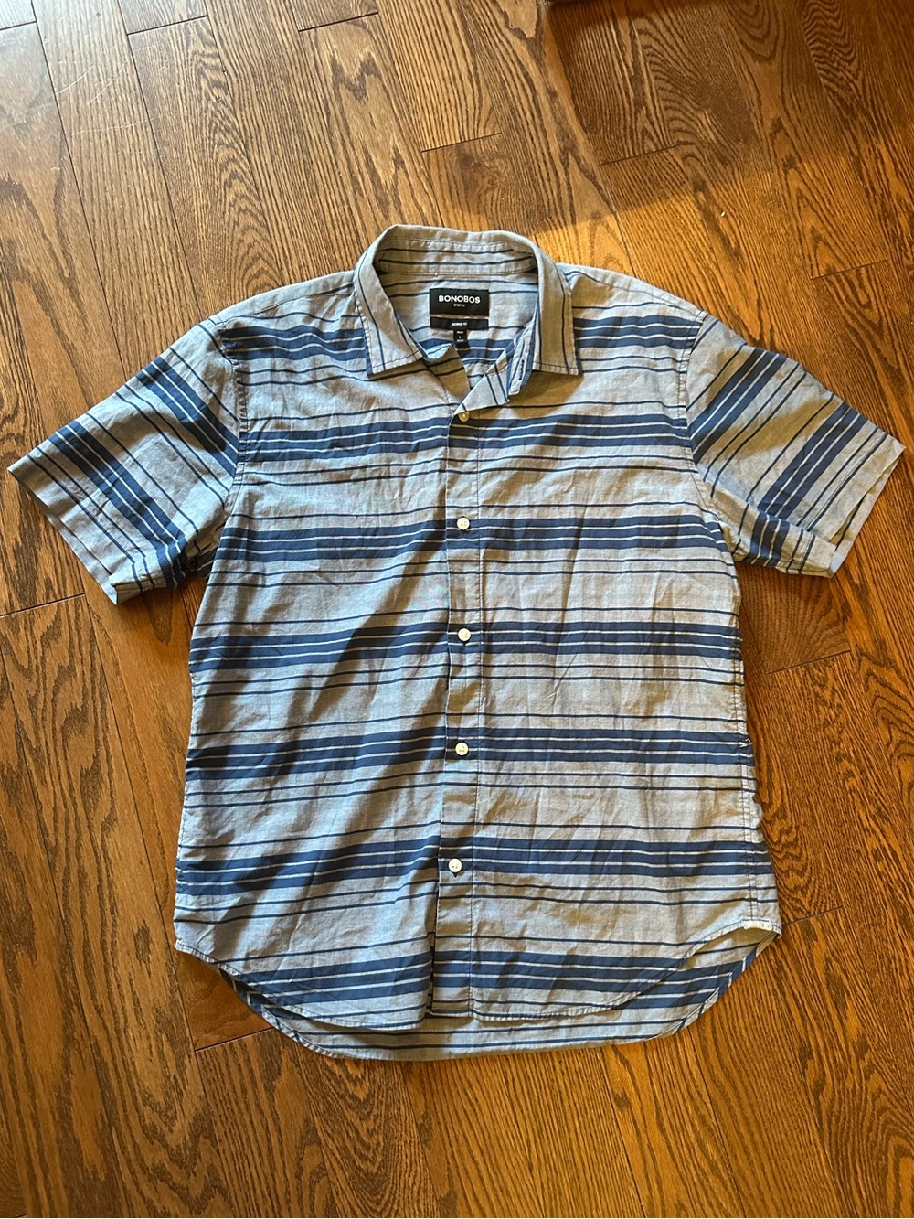 Bonobos Light Blue and Navy Striped Short-Sleeve Button-Down Shirt - Size Large